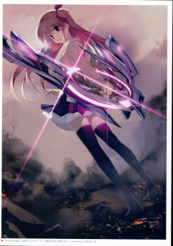 1girl 2008 5pb. absurdres antenna_hair black_thighhighs bow breasts chaos;head cloud cloudy_sky collared_shirt d-sword dated debris ears_visible_through_hair earthquake floating_hair from_behind grey_sky hair_ribbon hand_up highres holding holding_sword holding_weapon jacket long_hair looking_at_viewer looking_back official_art one_side_up pink_eyes pink_hair plaid_clothes ribbon sakihata_rimi sasaki_mutsumi school_emblem school_uniform science_adventure shibuya_(tokyo) shibuya_109 shiny_skin shirt skirt sky smoke solo stray_hair suimei_academy_school_uniform suimei_school_uniform sword thighhighs tokyo_(city) weapon white_shirt