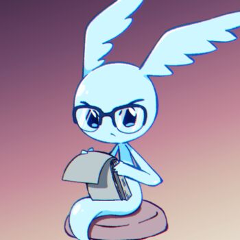 @est@ bespectacled black-framed_eyewear blue_eyes chromatic_aberration closed_mouth commentary_request creature cushion full_body glasses gradient_background head_wings holding holding_paper korean_commentary looking_at_viewer no_humans original paper simple_background sitting solo wings