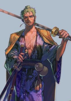 1boy alternate_costume arm_up cape collarbone commentary english_commentary gourd green_hair highres japanese_clothes katana kimono looking_at_viewer male_focus mouth_hold nyatthecat one_eye_closed one_piece over_shoulder pectorals print_kimono rope_belt roronoa_zoro scar scar_across_eye scar_on_chest scar_on_face solo stalk_in_mouth sword sword_over_shoulder topknot weapon weapon_over_shoulder wide_sleeves yellow_cape