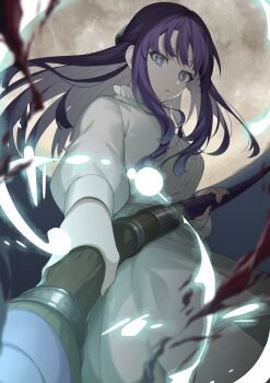 1girl blood breasts collar commentary_request dress feet_out_of_frame fern_(sousou_no_frieren) floating_clothes floating_hair frilled_collar frills full_moon grey_eyes hair_over_shoulder highres holding holding_staff itame_moyashi large_breasts long_hair long_sidelocks long_sleeves looking_at_viewer mage_staff magic moon night outdoors parted_lips purple_eyes scene_reference serious sidelocks sky solo sousou_no_frieren staff white_dress