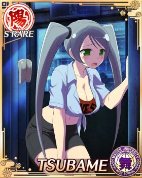 1girl :o black_shorts blue_shirt border breasts card_(medium) character_name cleavage cropped_shirt fishing_line game_cg green_eyes grey_hair hand_on_wall large_breasts leaning_forward long_hair midriff navel night official_art red_shirt senran_kagura senran_kagura_new_wave shirt shorts solo sponge sweatdrop swept_bangs third-party_source tied_shirt tsubame_(senran_kagura) twintails very_long_hair