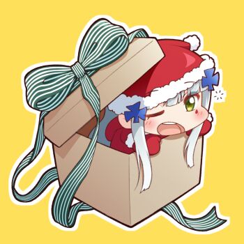 Rule 34 | alternate costume, blue hair, box, cardboard box, chibi, commentary, fur-trimmed gloves, fur-trimmed headwear, fur trim, gift, gift box, girls' frontline, gloves, green eyes, hat, hk416 (girls' frontline), hood, hooded jacket, jacket, jiwon (sj1), mini person, minigirl, one eye closed, open mouth, outline, red gloves, red hat, red jacket, santa costume, santa hat, simple background, tattoo, teardrop tattoo, teeth, upper teeth only, white outline, yellow background