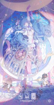 1girl accordion arm_up ballet blue_hair boots braid breasts cleavage crown dress eye_print full_body gloves highres instrument long_hair navel original platform_boots purple_eyes standing stomach stuffed_animal stuffed_toy umehara_sei white_dress