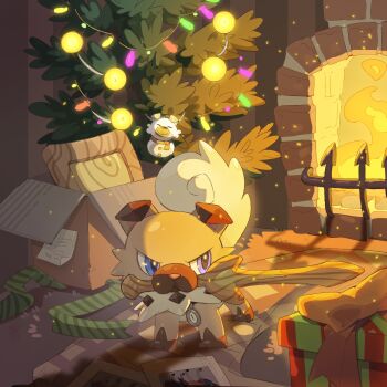 blue_eyes box brown_fur cardboard_box christmas christmas_tree dog fireplace gen_7_pokemon gift heterochromia highres holding holding_sword holding_weapon indoors kianyemao mouth_hold nintendo no_humans pokemon pokemon_(creature) purple_eyes rockruff solo sword tail weapon wooden_sword