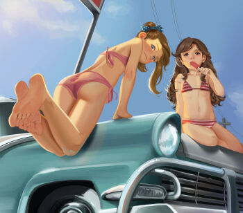 1950s_(style) 2girls ass barefoot bikini blue_eyes blue_ribbon blue_sky blush brown_eyes brown_hair car day feet female_focus flat_chest food gizmos hair_ribbon highres holding holding_food holding_popsicle leaning_forward loli long_hair looking_at_viewer looking_back motor_vehicle multiple_girls navel original outdoors pink_bikini ponytail popsicle power_lines ribbon side-tie_bikini_bottom sitting sky striped_bikini striped_clothes swimsuit