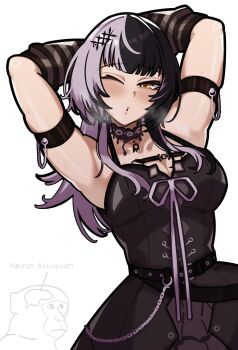 1girl arm_strap arms_up black_dress black_hair blush breasts choker dress grey_hair haaro heart heart-shaped_pupils highres hololive hololive_english lace lace_choker large_breasts long_hair meme monkey multicolored_hair neuron_activation_(meme) one_eye_closed purple_ribbon ribbon shiori_novella simple_background solo split-color_hair striped_arm_warmers sweat symbol-shaped_pupils two-tone_hair virtual_youtuber white_background yellow_eyes