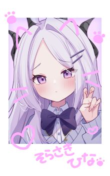 1girl ahoge blue_archive blush commentary_request demon_girl demon_horns hina_(blue_archive) horns long_hair looking_at_viewer purple_eyes ru_(oruoruz) solo v white_hair