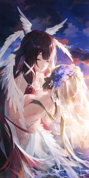 2girls absurdres alternate_costume black_hair breasts bridal_veil brown_hair chinese_commentary cleavage closed_eyes closed_mouth columbina_(genshin_impact) commentary_request dress facing_viewer genshin_impact highres large_breasts long_hair multicolored_hair multiple_girls purple_hair sandrone_(genshin_impact) smile swkl:d two-tone_hair veil very_long_hair white_dress white_veil