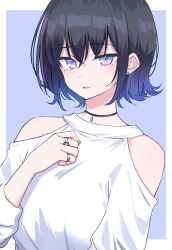 Rule 34 | 1girl, absurdres, bare shoulders, black choker, black hair, blue background, blue eyes, blue hair, blush, border, choker, clothing cutout, earrings, gradient hair, hair between eyes, hand on own chest, highres, ichiki 1, jewelry, looking at viewer, mole, mole under eye, multicolored hair, multiple rings, original, parted lips, pink eyes, ring, shirt, short hair, shoulder cutout, sidelocks, simple background, solo, stud earrings, two-tone eyes, upper body, white border, white shirt