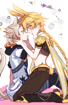 2boys aether_(genshin_impact) albedo_(genshin_impact) animal_ears aqua_eyes belt blonde_hair braid braided_ponytail cape chain face-to-face genshin_impact highres hood kemonomimi_mode kkaiju long_hair midriff multiple_boys rabbit_ears tail yaoi yellow_eyes
