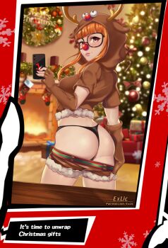 1girl antlers ass belt black_panties blush breasts brown_gloves brown_hoodie brown_shorts cellphone christmas christmas_present christmas_tree christmas_wreath clothes_pull english_text exlic fingerless_gloves fire fireplace from_behind gift glasses gloves highres holding holding_phone hood hoodie horns looking_at_viewer looking_back orange_hair panties parted_lips persona persona_5 phone pulling_own_clothes purple_eyes red_belt red_nose reindeer_antlers sakura_futaba selfie short_shorts shorts shorts_pull small_breasts smartphone solo text_messaging underwear wreath
