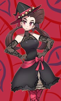 1girl bare_shoulders black_dress black_hat blush breasts brown_hair dress earrings elbow_gloves eyelashes gloves hair_pulled_back halloween_costume hat highres jewelry long_hair looking_at_viewer medium_breasts missandydandy nintendo official_alternate_costume pantyhose pink_pantyhose pokemon pokemon_masters_ex red_eyes roxanne_(fall_2023)_(pokemon) roxanne_(pokemon) twintails witch_hat