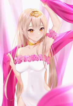 1girl arm_up armband armpits blonde_hair blurry blurry_foreground breasts center-flap_bangs closed_mouth collarbone commentary covered_navel curtain_grab curtains depth_of_field english_commentary frilled_armband frilled_one-piece_swimsuit frills gold_choker hair_ornament hand_up highres light_blush long_hair looking_at_viewer medium_breasts one-piece_swimsuit orange_eyes original pink_armband solo standing swimsuit upper_body wanko_(yurika0320) white_one-piece_swimsuit