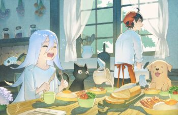 1boy 1girl ahoge animal apron bacon bandana black_cat black_hair bowl bread bread_slice brushing_another&#039;s_hair brushing_hair cat cleaning closed_eyes commentary_request crying curtains cutting_board day disembodied_hand dog double-parted_bangs food fork fried_egg glass_jar gloves hair_between_eyes highres holding holding_brush holding_fork holding_knife indoors ito_yoshi kitchen knife loaf_of_bread long_bangs long_hair long_sleeves looking_at_another looking_back open_mouth original pet pitcher_(container) plate pouring red_apron red_bandana shirt short_hair signature sink sitting slice_of_life slicing soap_bubbles spoon standing table vegetable very_short_hair waist_apron whisk white_gloves white_hair white_shirt window wooden_spoon wooden_table