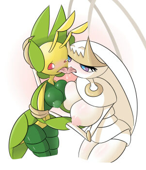 2girls antennae asymmetrical_docking blue_eyes blush breast_press breasts drooling egnahcio female_focus french_kiss gen_5_pokemon gen_7_pokemon half-closed_eye hand_on_another's_head hands_up highres kiss large_breasts leavanny multicolored_eyes multiple_girls nintendo nipples open_mouth pheromosa pokemon pokemon_(creature) purple_eyes red_eyes saliva shiny_skin simple_background standing tongue tongue_out ultra_beast uneven_eyes white_background yuri