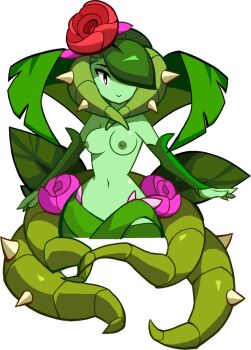 1girl bare_shoulders breasts breasts_out colored_nipples flower flower_on_head green_nipples highres looking_at_viewer monster_girl nipples plant plant_girl red_eyes rose shantae_(series) shantae_and_the_seven_sirens solo third-party_edit thorns topless_female uncensored vines water_lily_siren