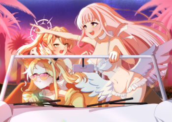 3girls :d animal_ear_fluff animal_ears bare_shoulders bikini black_one-piece_swimsuit blonde_hair blue_archive blunt_bangs blush breasts bright_pupils brown_eyes brown_hair car cleavage closed_mouth commentary commentary_request cowboy_shot driving english_commentary extra_ears eyelashes eyewear_on_head feathered_wings floating_hair forehead fox_ears fox_girl frilled_bikini frills frown groin hair_intakes hakuchon821 halo happy highres index_finger_raised large_breasts leaning_forward long_hair looking_ahead looking_at_another looking_to_the_side low_wings mika_(blue_archive) mika_(swimsuit)_(blue_archive) mixed-language_commentary motor_vehicle multiple_girls nagisa_(blue_archive) nagisa_(swimsuit)_(blue_archive) navel official_alternate_costume official_alternate_hairstyle one-piece_swimsuit open_mouth orange-tinted_eyewear outdoors outstretched_arm palm_tree parted_bangs pink_eyes pink_hair pink_halo ponytail rear-view_mirror seia_(blue_archive) seia_(swimsuit)_(blue_archive) side_ponytail sidelocks sitting smile standing steering_wheel stomach straight_hair sunglasses sunset swimsuit tea_party_(blue_archive) teeth tinted_eyewear tree tsurime upper_body upper_teeth_only very_long_hair visor_cap white_bikini white_car white_one-piece_swimsuit white_pupils white_wings wings yellow_eyes yellow_halo