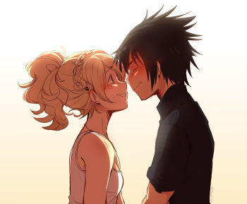 1boy 1girl anah_41 black_hair black_shirt blonde_hair blue_eyes blush braid breasts closed_eyes commentary couple crown_braid english_commentary final_fantasy final_fantasy_xv flustered from_side gradient_background grin hetero looking_at_another lunafreya_nox_fleuret medium_hair noctis_lucis_caelum ponytail profile shirt short_sleeves simple_background size_difference small_breasts smile spiked_hair sports_bra upper_body wavy_hair white_sports_bra