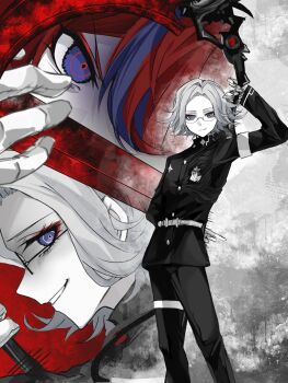 2boys aotsuki_eito arm_up armband black_jacket black_pants black_streaks blue_eyes chinese_commentary colored_skin commentary_request evil_grin evil_smile eyeshadow gakuran glasses gloves grey_background grey_hair grin highres holding holding_scythe holding_weapon jacket last_defense_academy_school_uniform looking_at_viewer makeup male_focus multicolored_hair multiple_boys multiple_views pants purple_eyes red_background red_eyeshadow red_hair ringed_eyes school_uniform scythe short_hair smile streaked_hair sumino_takumi sword the_hundred_line_-last_defense_academy- variant_set weapon white_armband white_gloves white_skin wubutuoqi