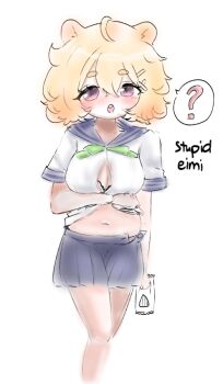 1girl ? ahoge animal_ears blush bra breasts cleavage clothes_lift eimi_isami english_text hamster_ears looking_at_viewer medium_breasts muu_muyu_(artist) navel orange_hair phase_connect pink_eyes school_uniform serafuku shirt_lift short_hair skirt solo spoken_question_mark unbuttoned unbuttoned_shirt underwear virtual_youtuber white_background