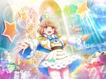 1girl box brown_hair capelet christmas_tree dress earrings game_cg gift gift_box hat holding jewelry kobato_ryouko long_sleeves looking_at_viewer mitre official_art open_mouth outstretched_arms purple_eyes short_hair shoujo_kageki_revue_starlight shoujo_kageki_revue_starlight_-re_live- solo standing star_(symbol) thighhighs upper_body white_capelet white_dress white_hat white_thighhighs