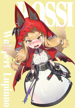 1girl absurdres animal_ear_fluff animal_ears arknights arknights:_endfield black_gloves blonde_hair bluecloud137 blush cape character_name commentary dress ears_through_headwear fingerless_gloves gloves highres hood hood_up hooded_cape long_hair looking_at_viewer low-tied_sidelocks nose_blush open_mouth red_cape rossi_(arknights) sidelocks solo tail tail_wagging untranslatable_commentary white_dress wolf_ears wolf_girl wolf_tail yellow_background yellow_eyes