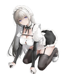 Rule 34 | 1girl, absurdres, all fours, apron, black garter straps, black thighhighs, blue eyes, breasts, closed mouth, commentary request, full body, garter straps, gloves, grey hair, half gloves, haori io, highres, large breasts, long hair, long sleeves, looking at viewer, maid, maid headdress, original, simple background, skindentation, solo, thighhighs, thighs, white apron, white background, white footwear, white gloves