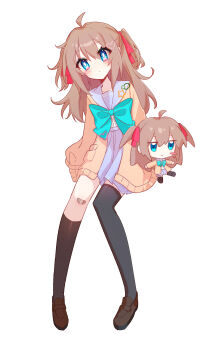 1girl absurdres ahoge animal_ears aqua_bow aqua_bowtie asymmetrical_legwear bandaid bandaid_on_knee bandaid_on_leg black_shoes black_socks black_thighhighs blue_eyes blue_sailor_collar blue_skirt bow bowtie brown_hair brown_shoes cardigan closed_mouth commentary_request full_body fumo_(doll) hair_between_eyes hair_ornament hair_ribbon heart heart_hair_ornament highres lingyou long_hair long_sleeves looking_at_viewer miniskirt neuro-sama pleated_skirt red_ribbon ribbon sailor_collar shoes simple_background single_sock single_thighhigh sitting skirt socks solo tail tail_bow tail_ornament thighhighs two_side_up uneven_legwear vedal_ai virtual_youtuber white_background yellow_cardigan
