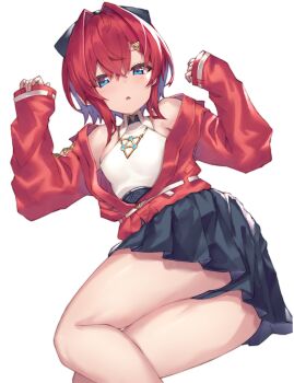 1girl absurdres ange_katrina ange_katrina_(2nd_costume) bare_shoulders belt black_bow black_shorts blue_eyes bow breasts collared_halterneck collared_shirt commentary_request crossed_bangs feet_out_of_frame gold_necklace gradient_eyes hair_between_eyes hair_bow hair_intakes hair_ornament halter_shirt halterneck hands_up highres jacket jewelry looking_at_viewer lying medium_hair multicolored_eyes necklace nijisanji open_mouth partially_open_jacket pleated_shorts purple_eyes red_hair red_jacket shirt shirt_tucked_in shorts simple_background sleeves_past_wrists small_breasts solo triangle_hair_ornament triangle_mouth virtual_youtuber white_background white_belt white_shirt yuuki_nao_(pixiv10696483)