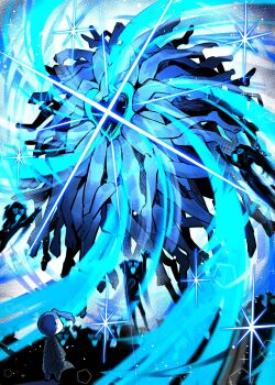 2others :d arms_up blue_aura blue_hair blue_star eldritch_abomination employee_(project_moon) heart heart-shaped_eyes highres legs lobotomy_corporation multiple_others nugget_(project_moon) open_mouth project_moon sabaage smile sparkle standing