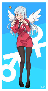 1girl absurdres angel_wings armband black_necktie black_pantyhose black_shoes blue_background breasts brooch commentary_request eyebrows_hidden_by_hair full_body galois green_eyes grey_hair hair_ornament hairclip heart highres jacket jewelry korean_commentary leaning_forward long_hair mars_symbol medium_breasts miniskirt namjadeuri_gunggeumhan_seong_iyagi necktie nina_(namjadeuri_gunggeumhan_seong_iyagi) office_lady one_eye_closed pantyhose pointing pointing_at_self red_jacket shoes signature skirt solo star_(symbol) venus_symbol wings