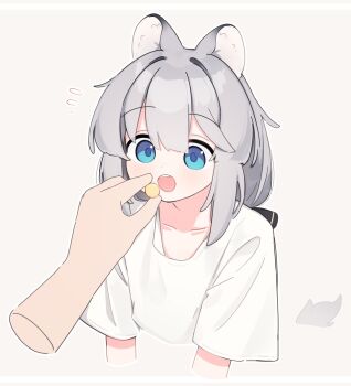 1girl 1other animal_ear_fluff animal_ears black_ribbon blue_eyes brown_background collarbone commentary cropped_torso disembodied_hand flying_sweatdrops grey_hair hair_between_eyes hair_ribbon highres holding long_hair open_mouth original ribbon riya_(01214) shirt short_sleeves simple_background solo_focus symbol-only_commentary tail white_shirt