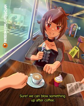 1other 2girls alternate_hairstyle aqua_(konosuba) artist_collaboration artist_name black_choker black_corset blue_hair box_truck c: choker clenched_hand coffee_mug commentary contemporary corset crosswalk cup cupcake english_commentary english_text food grey_shrug high_ponytail highres holding holding_spoon indoors isekai_truck jukebox kono_subarashii_sekai_ni_shukufuku_wo! latte_art lattochan light_rays looking_at_viewer megumin motor_vehicle mug multiple_girls patreon_logo patreon_username ponytail pov red_eyes restaurant running short_hair shrug_(clothing) smile sotekun spoon table truck v-shaped_eyebrows watermark web_address wet_floor_sign