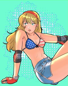 Rule 34 | 1girl, american flag, american flag bikini, american flag print, battle mania, bb9 megadrive, bikini, blonde hair, blue eyes, blue shorts, breasts, commentary request, fingerless gloves, flag print, flag print bikini, gloves, hairband, highres, long hair, navel, ootorii mania, open mouth, print bikini, shorts, solo, star (symbol), star symbol background, swimsuit