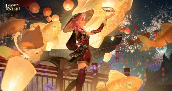 1girl absurdres aerial_fireworks architecture arm_behind_back artist_request beads belt belt_buckle black_belt black_hat black_jacket black_thighhighs blunt_bangs bow bowtie bracer braid brown_eyes brown_hat buckle chinese_clothes cloak closed_mouth collared_jacket commentary copyright_logo detached_sleeves dragon dragon_print ear_covers east_asian_architecture eastern_dragon english_commentary eyelashes feet_out_of_frame fireworks flower from_behind hair_over_shoulder hair_tubes hat highres hood hood_up hooded_cloak infinity_nikki jacket lantern light_particles logo long_hair long_sleeves looking_at_object mismatched_thighhighs momo_(nikki) nefarious_shadows_(infinity_nikki) night nikki_(nikki) nikki_(series) official_alternate_color official_art outdoors outstretched_hand paper_lantern pointy_nose print_headwear print_shorts puffy_long_sleeves puffy_sleeves purple_flower red_bow red_bowtie red_shirt red_shorts red_sleeves red_thighhighs rice_hat second-party_source shirt shorts single_bare_shoulder single_detached_sleeve single_sleeve smile thighhighs twin_braids two-sided_fabric two-sided_headwear walking wisteria yellow_cloak