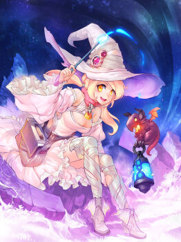 Rule 34 | 1girl, bag, bell, blonde hair, breasts, cleavage cutout, clothing cutout, cowbell, detached sleeves, dragon, female focus, hat, high heels, highres, lantern, long hair, low twintails, medium breasts, messenger bag, original, patipat asavasena, shoulder bag, sitting, smile, solo, thighhighs, twintails, wand, witch, witch hat, yellow eyes