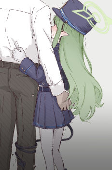 1boy 1girl black_hat black_jacket black_pants black_skirt black_tail blue_archive blush clothes_grab ear_blush gloves grabbing_another&#039;s_ass green_hair green_halo groping halo hat hetero hikari_(blue_archive) jacket loli long_hair long_sleeves niss_oekaki pants pantyhose pointy_ears revision shirt shirt_grab skirt solo_focus standing tail tail_around_another&#039;s_leg tail_wrap white_gloves white_pantyhose white_shirt
