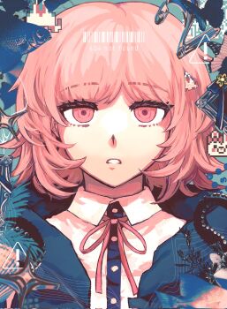 1girl breasts brown_hair collared_shirt commentary danganronpa_(series) danganronpa_2:_goodbye_despair flipped_hair hair_ornament highres jacket long_sleeves looking_at_viewer medium_hair nanami_chiaki neck_ribbon open_clothes open_jacket pink_eyes pink_ribbon ribbon shirt solo symbol-only_commentary tetose two-tone_shirt white_shirt
