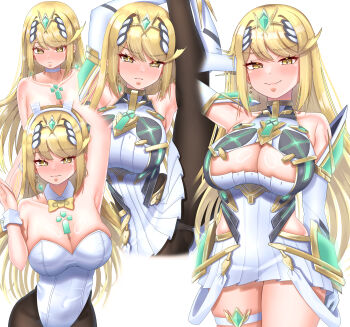 1girl absurdres animal_ears arm_up armpits arms_up bare_shoulders black_pantyhose blonde_hair blush breasts chest_jewel cleavage cleavage_cutout closed_mouth clothing_cutout commentary commentary_request core_crystal_(xenoblade) cowboy_shot dress earrings highres jewelry large_breasts leotard long_hair meipasuye microdress multiple_views mythra_(massive_melee)_(xenoblade) mythra_(radiant_beach)_(xenoblade) mythra_(xenoblade) official_alternate_costume one-piece_swimsuit panties panties_under_pantyhose pantyhose playboy_bunny rabbit_ears simple_background skindentation smile sparkle split standing standing_on_one_leg standing_split strapless strapless_leotard strapless_one-piece_swimsuit stretching swimsuit thigh_strap tiara underwear white_background white_dress white_leotard white_one-piece_swimsuit white_panties xenoblade_chronicles_(series) xenoblade_chronicles_2 yellow_eyes