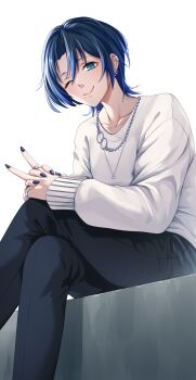 Rule 34 | 1girl, ;), black nails, black pants, blue eyes, blue hair, closed mouth, highres, hiodoshi ao, hololive, hololive dev is, ichi natsu, jewelry, looking at viewer, medium hair, mole, mole under mouth, necklace, one eye closed, pants, ring, simple background, sitting, smile, solo, sweater, virtual youtuber, white background, white sweater