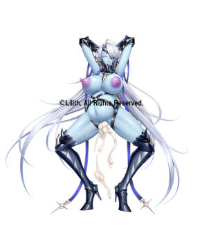 Rule 34 | after vaginal, arms behind back, beelzebub (taimanin series), blue skin, blush, breasts, colored skin, cum, cum inflation, cum overflow, demon girl, full body, huge breasts, inflation, kwata kuwa, lilith-soft, long hair, shiny skin, sweat, taimanin (series), taimanin rpgx, very long hair, wide hips