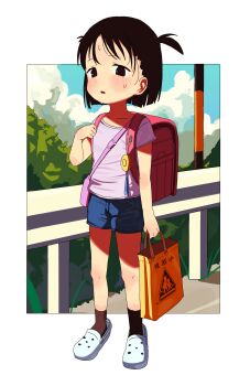 1girl absurdres backpack bag black_eyes black_hair blue_shorts blush child crime_prevention_buzzer crocs flat_chest full_body hair_ornament highres holding_strap kyamimasita loli looking_at_viewer narrow_hips one_side_up open_mouth original outdoors outside_border randoseru shirt shoes short_hair shorts socks solo standing sweat