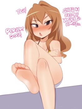 1girl :o aisaka_taiga animal_print annoyed bare_legs barefoot bikini blush brown_eyes brown_hair chestnut_mouth collarbone crossed_arms crossed_legs dot_nose embarrassed english_text eyebrows eyelashes feet female_focus flat_chest foot_focus foot_out_of_frame from_below highres leopard_print loli long_hair looking_at_viewer looking_down maniacbox nose_blush open_mouth pink_eyes pov simple_background sitting soles solo sweat swimsuit thighs toes toradora! tsundere white_background yellow_bikini