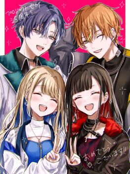 2boys 2girls aoyagi_touya arm_behind_head azusawa_kohane belt belt_buckle belt_collar black_belt black_choker black_hair black_jacket blonde_hair blue_hair blue_nails brown_hair buckle chain chain_necklace choker clenched_teeth closed_eyes collar collared_shirt colored_inner_hair commentary_request earrings facing_viewer fingernails fur_trim hand_up highres jacket jewelry long_hair long_sleeves mole mole_under_eye multicolored_hair multiple_boys multiple_girls necklace official_alternate_costume official_alternate_hair_length official_alternate_hairstyle open_mouth orange_hair penny_pany project_sekai red_hair red_nails shinonome_akito shiraishi_an shirt smile streaked_hair teeth turtleneck two-tone_hair upper_teeth_only v vivid_bad_squad_(project_sekai) whip_the_wimp_girl!!_(project_sekai) zipper