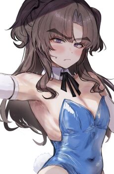 1boy ayase_ayato_(imamiya_pinoko) bare_shoulders black_ribbon blue_leotard blush brown_hair closed_mouth covered_navel crossdressing crossdressing_(mtf) elbow_gloves fake_tail fang fang_out gloves highres imamiya_pinoko leotard long_hair looking_at_viewer male_focus original parted_bangs playboy_bunny purple_eyes rabbit_tail ribbon simple_background solo sweatdrop tail thick_eyebrows trap unfinished upper_body white_background white_gloves