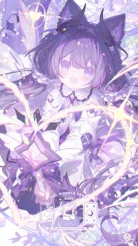 1girl animal_ear_fluff animal_ears blush commentary detached_sleeves fangs floating_hair hair_intakes hair_ornament heart highres holding holding_wand looking_at_viewer magical_girl open_mouth original purple_eyes purple_hair skin_fangs symbol-only_commentary umehara_sei wand wing_hair_ornament