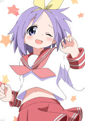 Rule 34 | 1girl, absurdres, blush, commentary request, cynical (llcbluckg c004), english text, hairband, highres, hiiragi tsukasa, long sleeves, looking at viewer, lucky star, medium hair, midriff peek, navel, neckerchief, one eye closed, open mouth, purple eyes, purple hair, red neckerchief, red sailor collar, red skirt, ryouou school uniform, sailor collar, school uniform, serafuku, shirt, signature, simple background, skirt, smile, solo, star (symbol), upper body, white background, white shirt, yellow hairband
