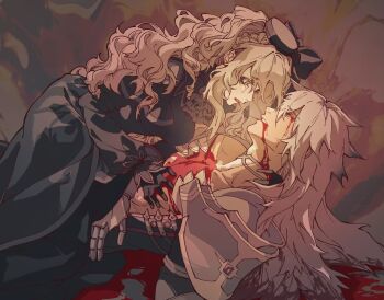 Rule 34 | 1boy, 1girl, after kiss, armor, black dress, bleeding, blood, blood from mouth, blood on face, blood trail, bloody tears, braid, choker, crying, dress, fate/grand order, fate (series), gloves, grey eyes, grey hair, hat, highres, husband and wife, injury, kriemhild (fate), long hair, lying, pauldrons, shirt, shoulder armor, shunreiseiya, siegfried (fate), wavy hair