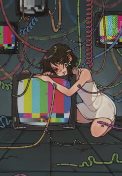 1girl antennae brown_hair cable crt dress hair_between_eyes hair_ornament highres iwakura_lain kneeling looking_at_viewer mikashiyaaa monitor parted_lips saliva serial_experiments_lain short_dress short_hair solo static tile_floor tiles white_dress x_hair_ornament