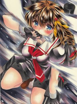 Rule 34 | 1girl, absurdres, action, ahoge, black gloves, black serafuku, black skirt, blue eyes, blush, braid, breasts, brown hair, chibi neko, commentary request, covering own mouth, female focus, fingerless gloves, gloves, hair between eyes, hair flaps, hair ornament, highres, kantai collection, looking at viewer, marker (medium), medium breasts, neckerchief, pleated skirt, red neckerchief, rigging, sailor collar, school uniform, serafuku, shigure (kancolle), shigure kai ni (kancolle), short sleeves, single braid, skirt, solo, thigh strap, traditional media